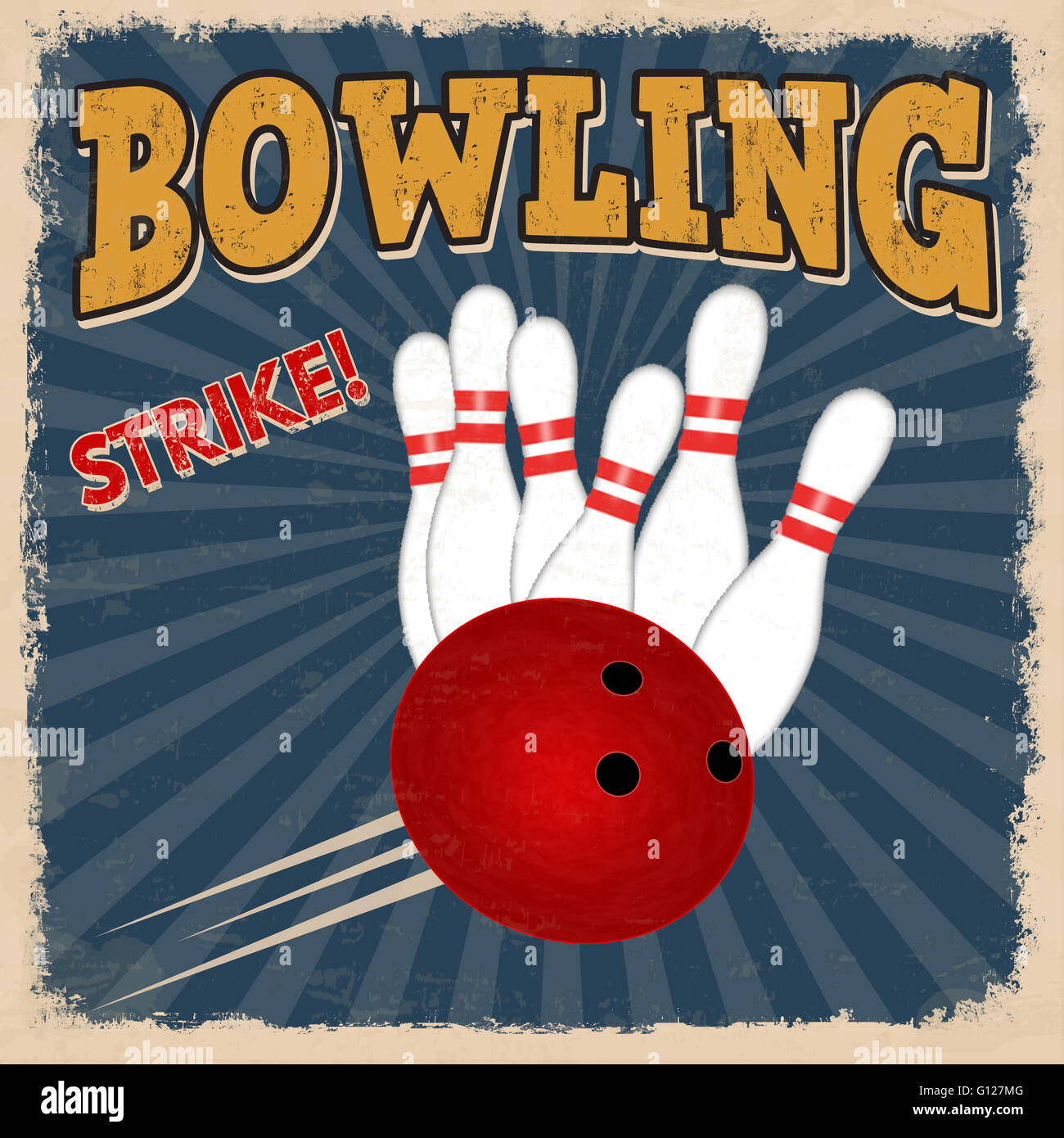 Bowling retro poster design template on blue background, vector illustration Stock Photo