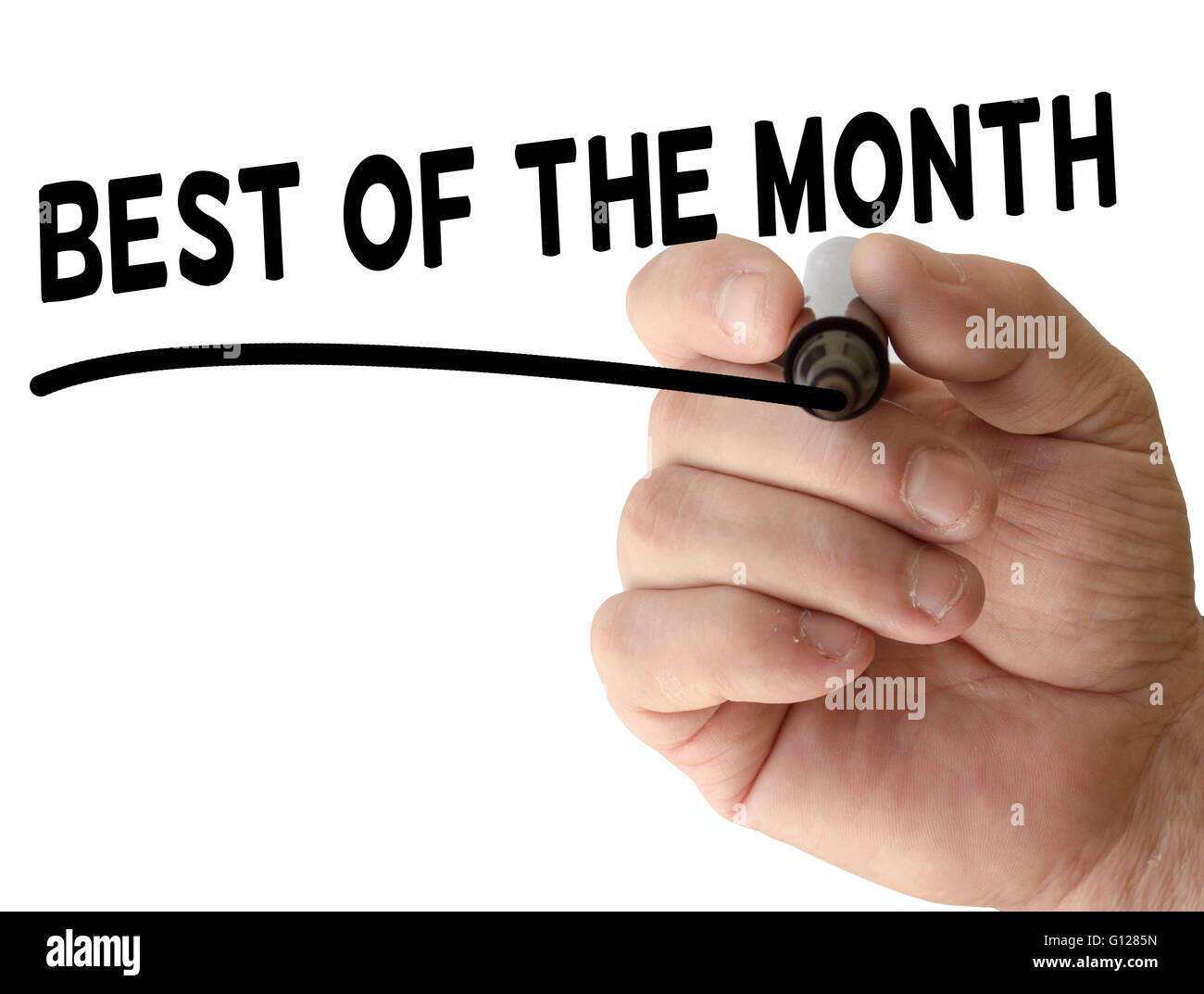 Hand writing best of the month with black marker on transparent wipe board Stock Photo