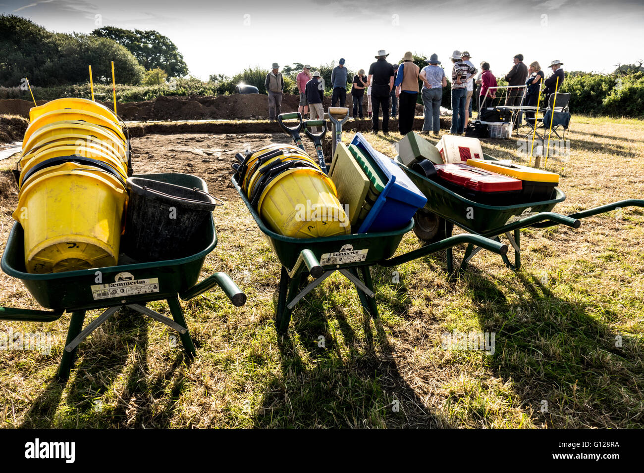 archaeological excavation tools during a break from digging Stock Photo