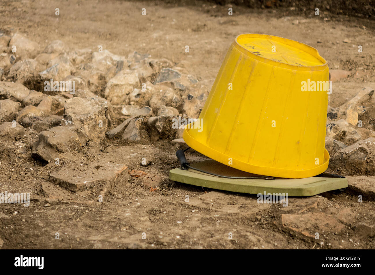 archaeological excavation tools during a break from digging Stock Photo