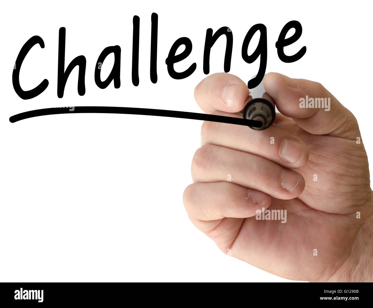 Hand writing challenge with black marker on transparent wipe board