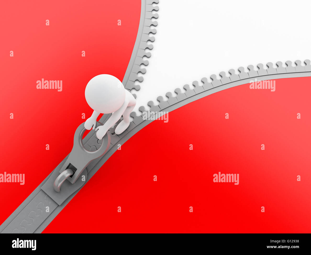 3d renderer image. White people closing a zipper on red background. Stock Photo