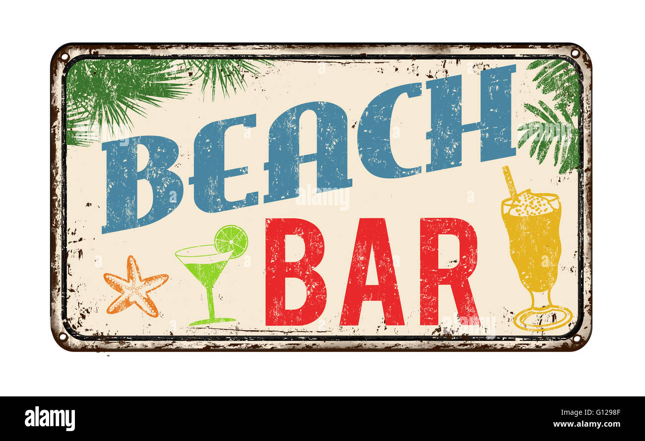 Beach bar vintage rusty metal sign on a white background, vector illustration Stock Photo