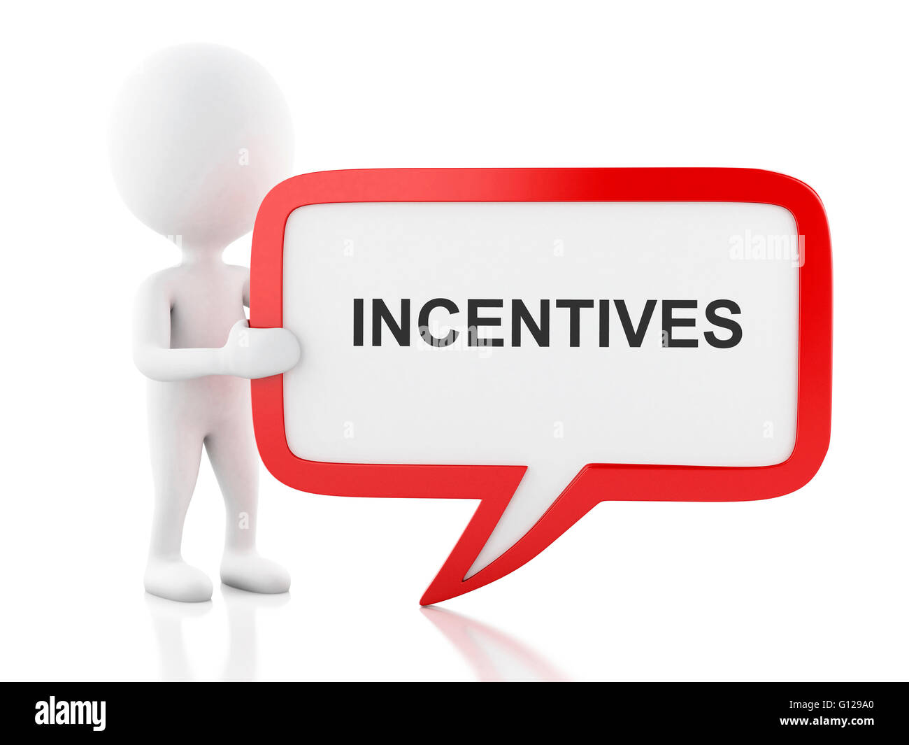 3d renderer image. White people with speech bubble that says incentives . Business concept. Isolated white background. Stock Photo
