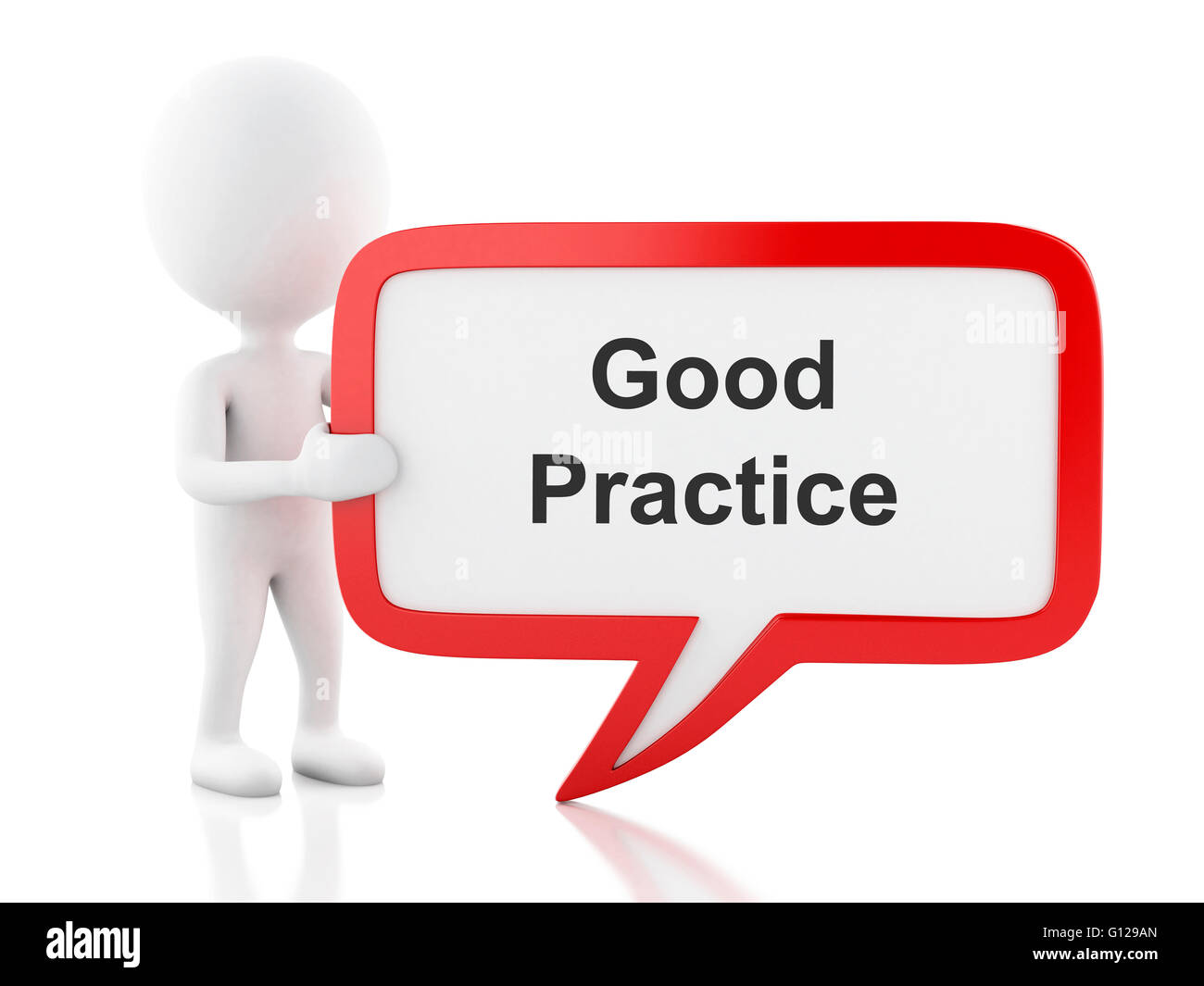 3d renderer image. White people with speech bubble that says Good Practice. Business concept. Isolated white background. Stock Photo