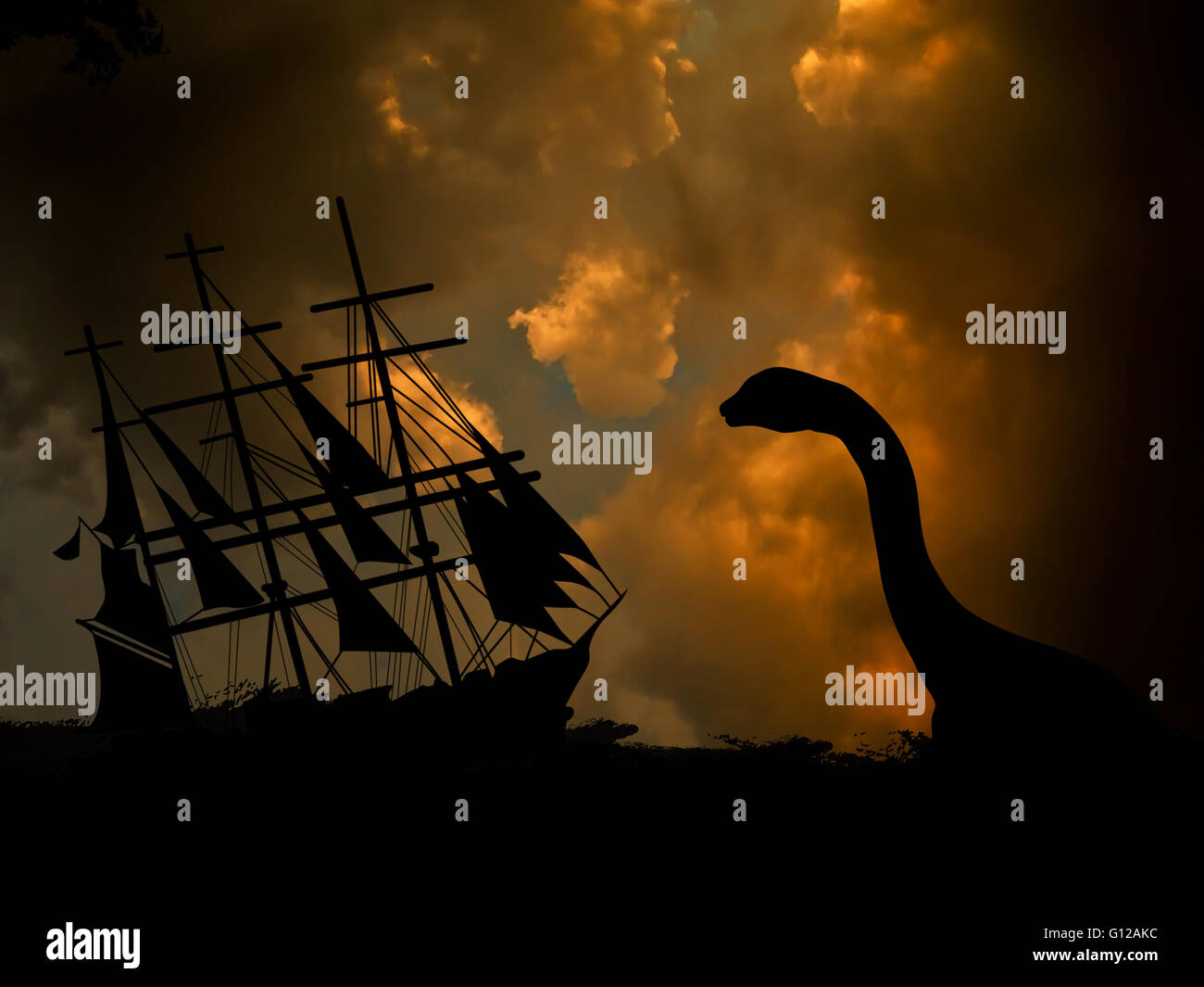 Boat floating on the ocean and dinosaur silhouette on beautiful cloudy night Stock Photo