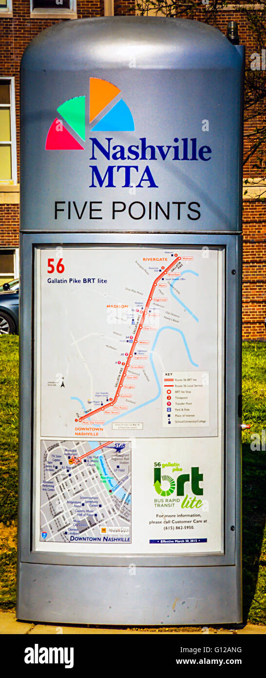 MTA Nashville Five Points Bus stop sign in East Nashville Five Points District with map in Music City USA TN Stock Photo