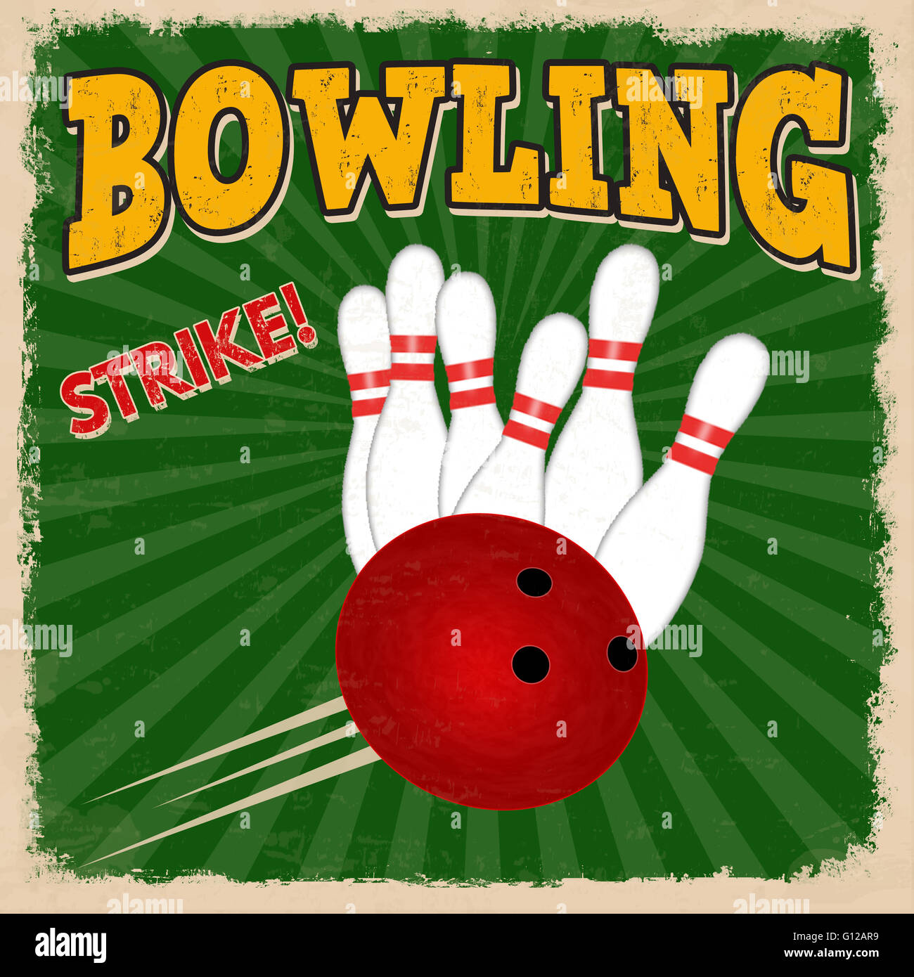 Bowling retro poster design template on green background, vector illustration Stock Photo