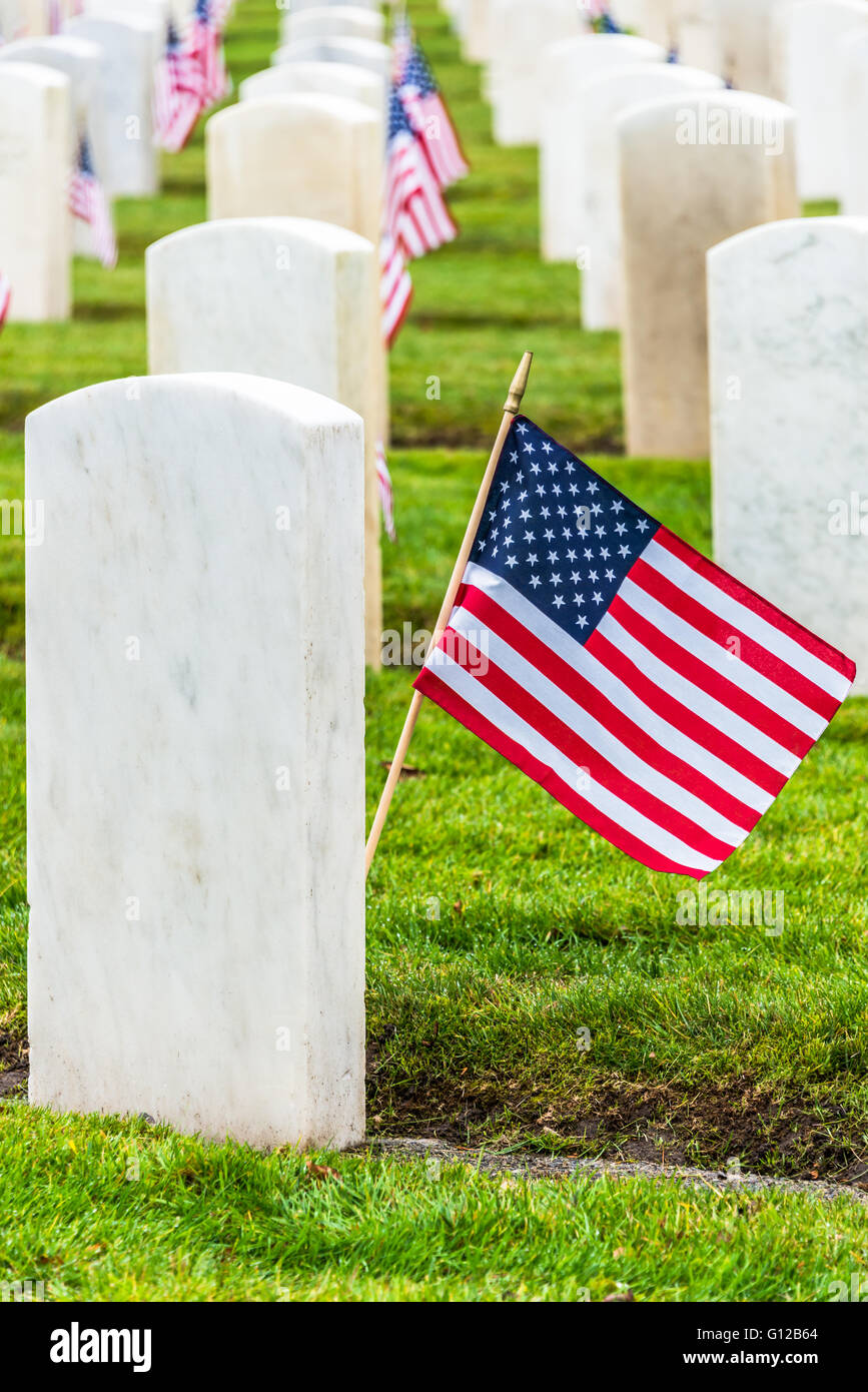 Rows White Granite Military Headstones and American Flags in Military Veterans Cemetery. Vertical. Stock Photo