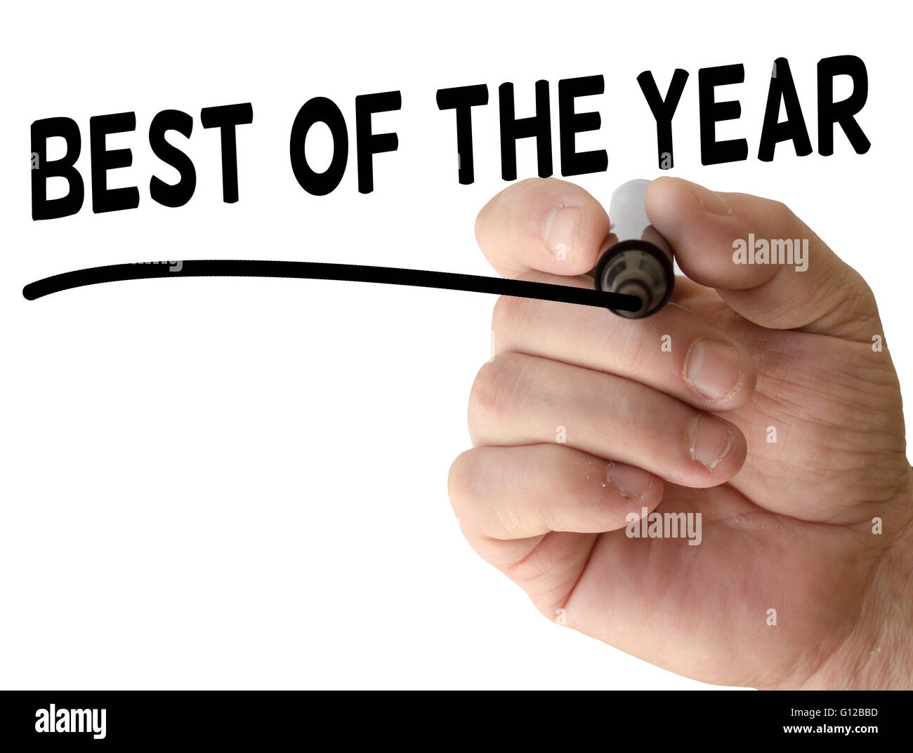 Hand writing best of the year with black marker on transparent wipe board Stock Photo