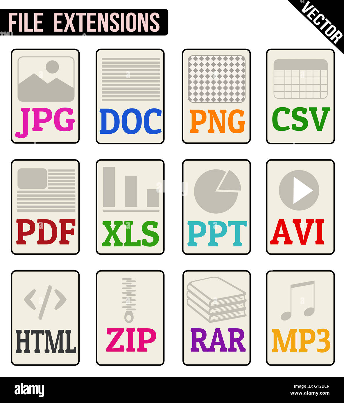 File types icons set on white background, vector illustration Stock