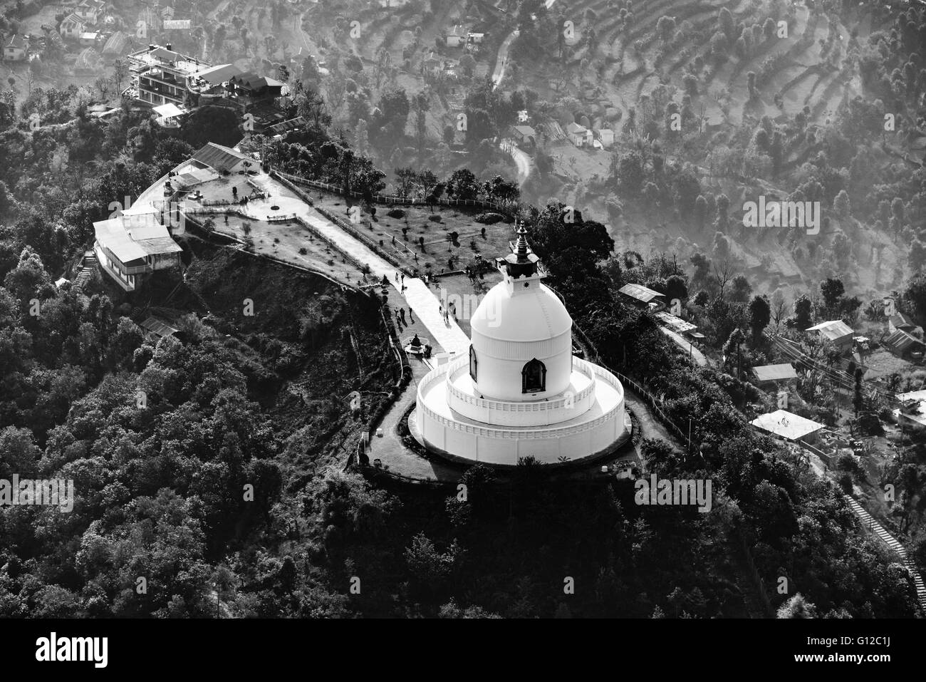 Aerial view of the World Peace Pagoda in Pokhara, Nepal. Black and white photography. Stock Photo