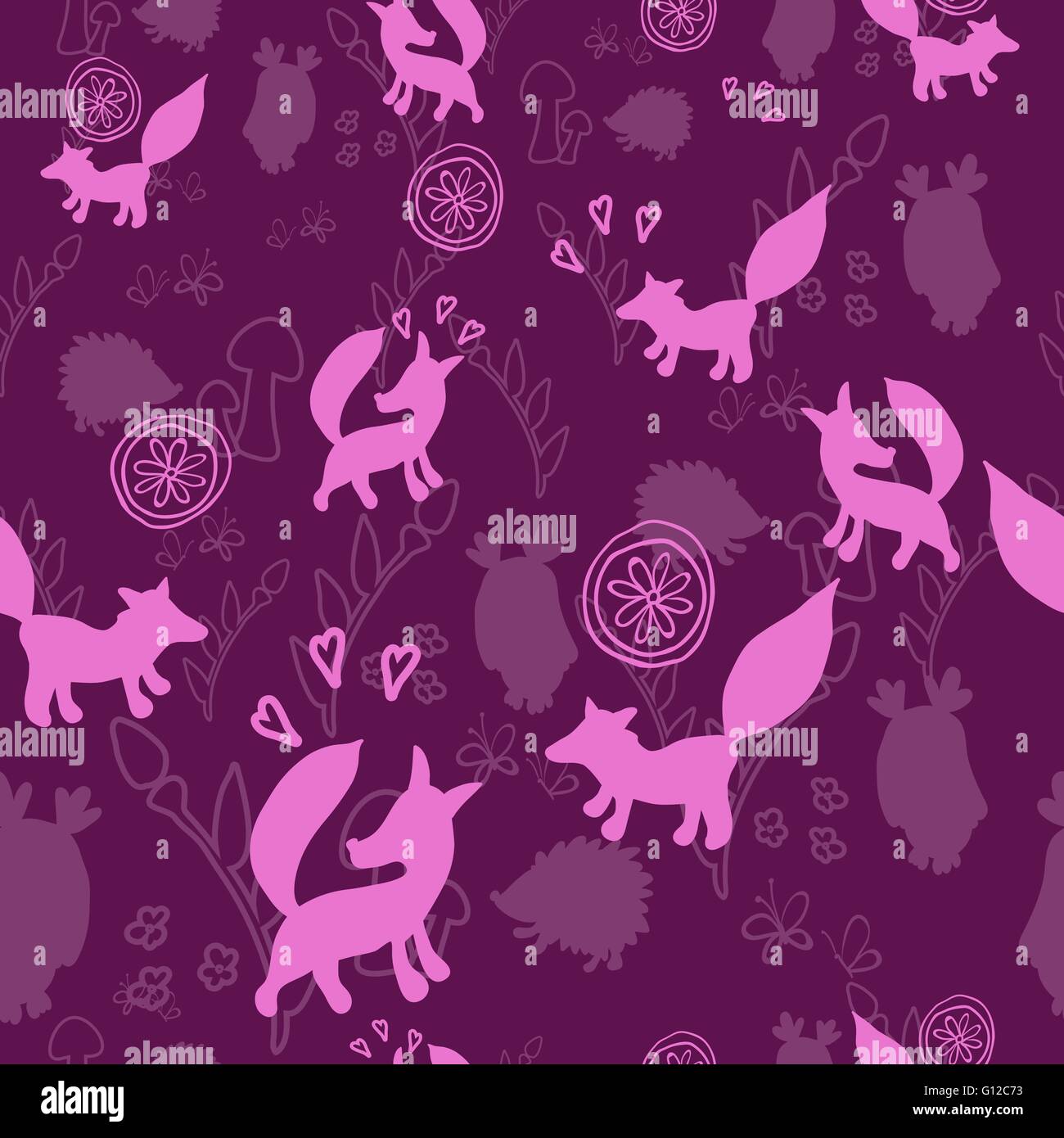 Animal pattern with wild animals. Animals fox, hedgehog, an owl in a ...
