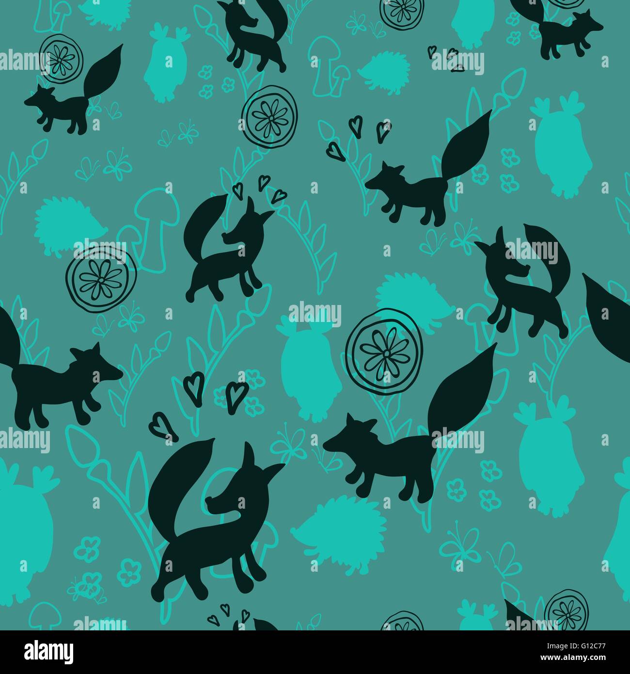 Animal pattern with wild animals. Animals fox, hedgehog, an owl in a ...