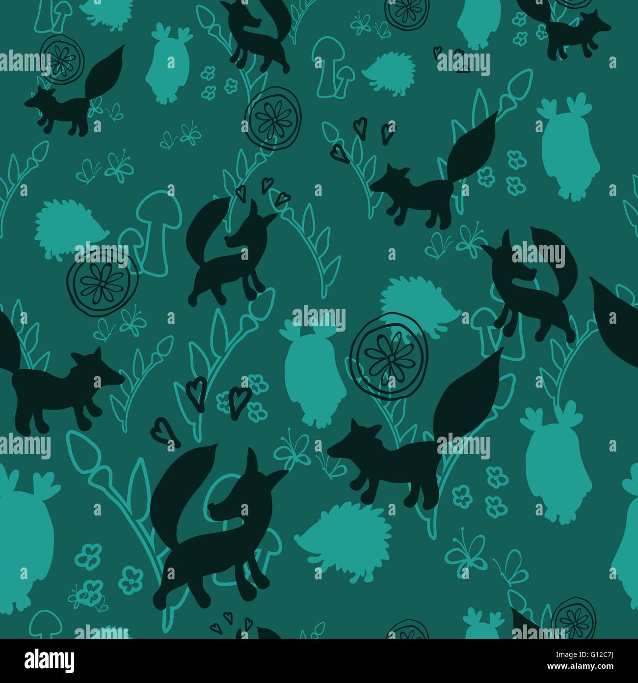 Animal pattern with wild animals. Animals fox, hedgehog, an owl in a ...