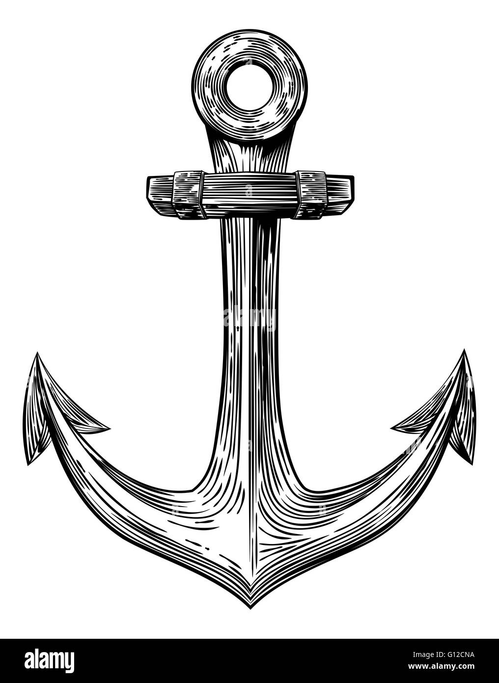 An original  illustration of a ships anchor in a vintage woodcut woodblock style Stock Photo