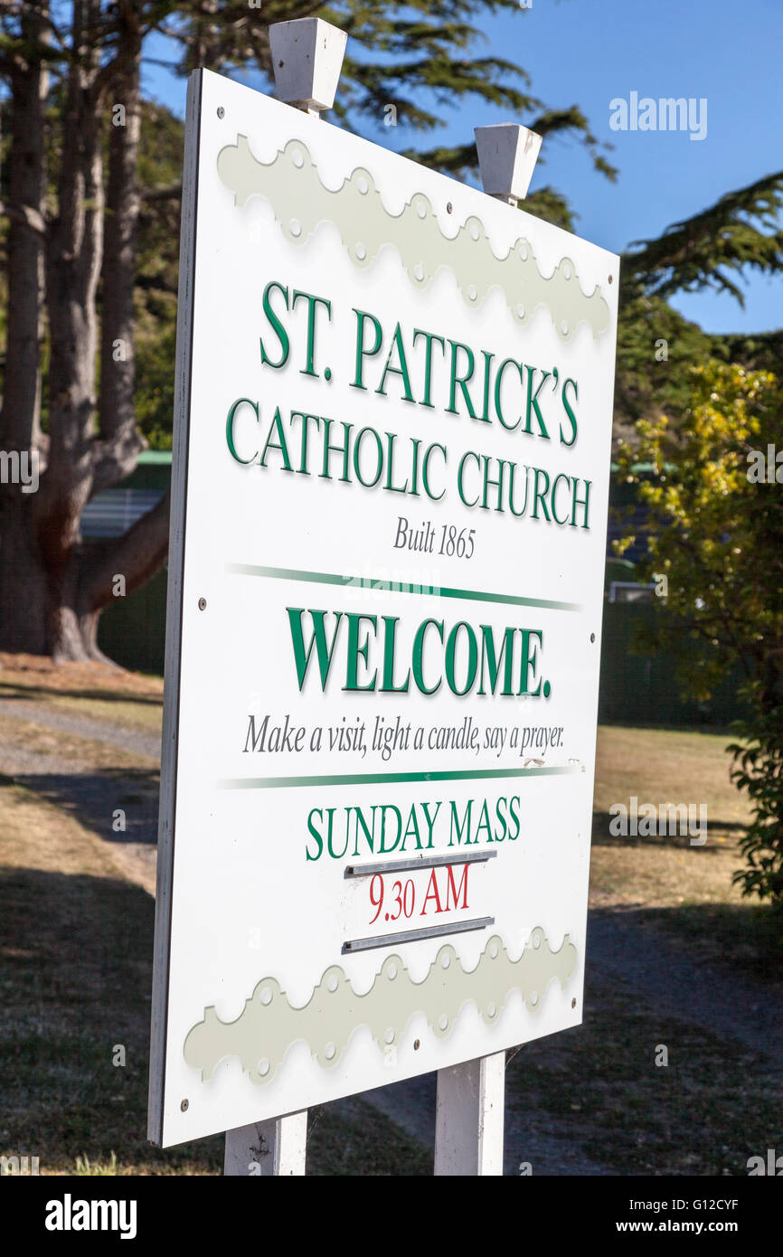 Sign for St Patrick's Catholic church, Akaroa, New Zealand Stock Photo ...