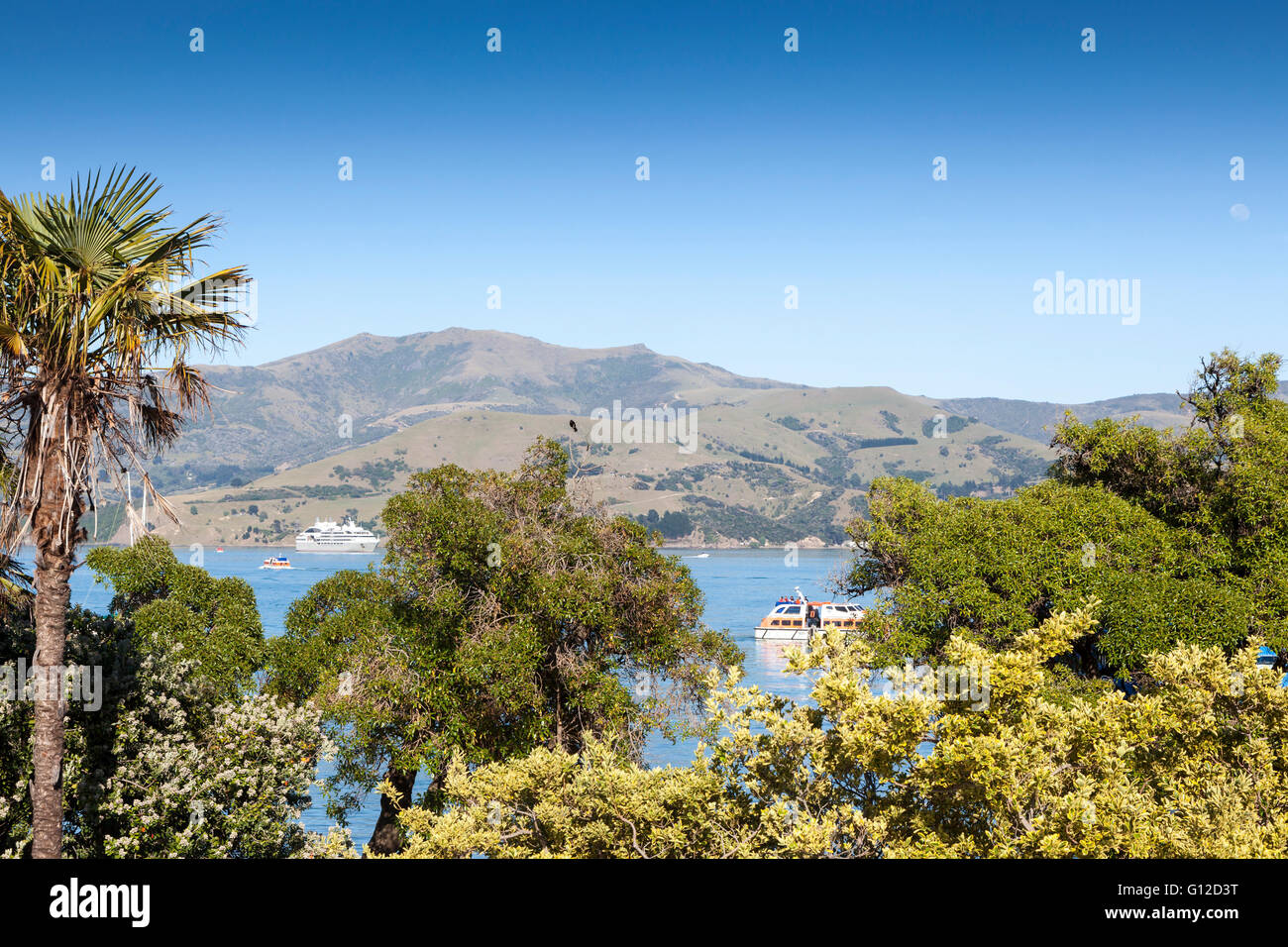 Akaroa harbour with Le Soleal cruise ship in the background, New Zealand Stock Photo