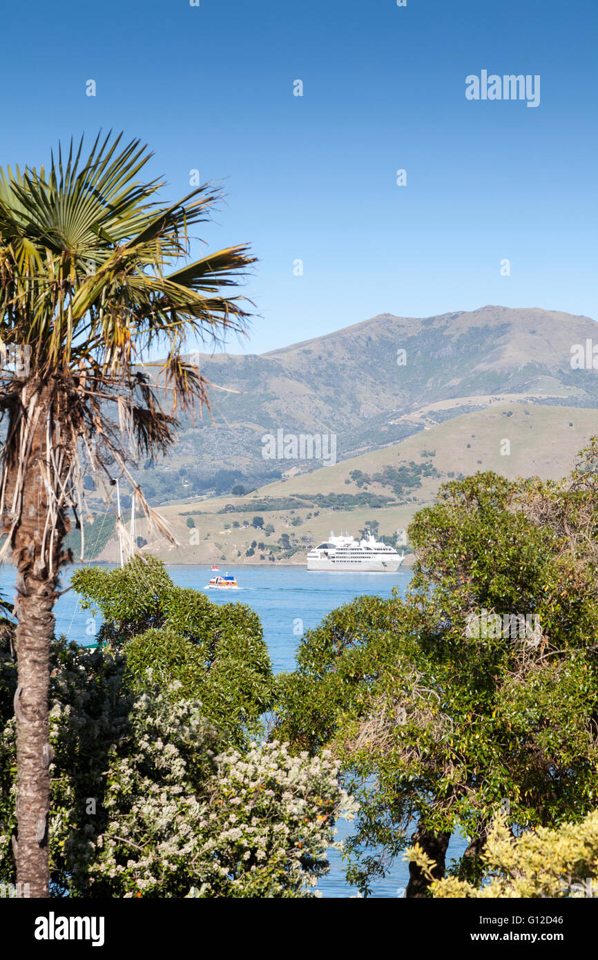 Akaroa harbour with cruise ship Le Soleal in the background, New Zealand Stock Photo