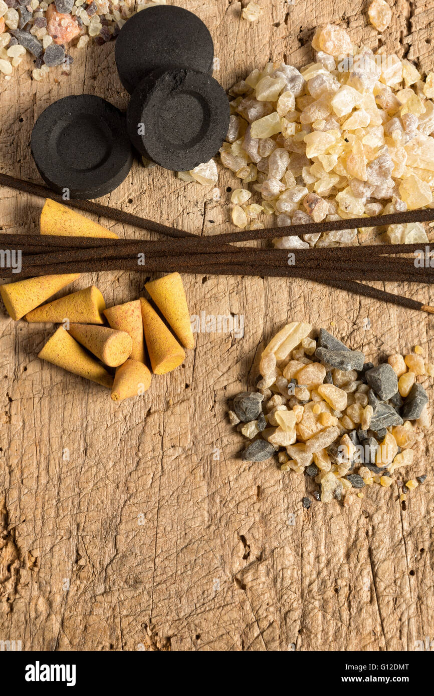 Different sorts of incense and black charcoal pieces Stock Photo Alamy