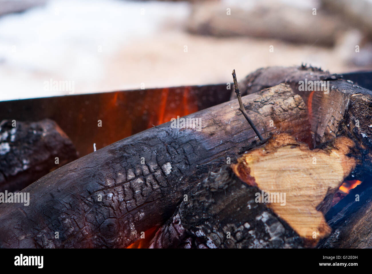Flames and smoke from burning wood Burning firewood with ashes and