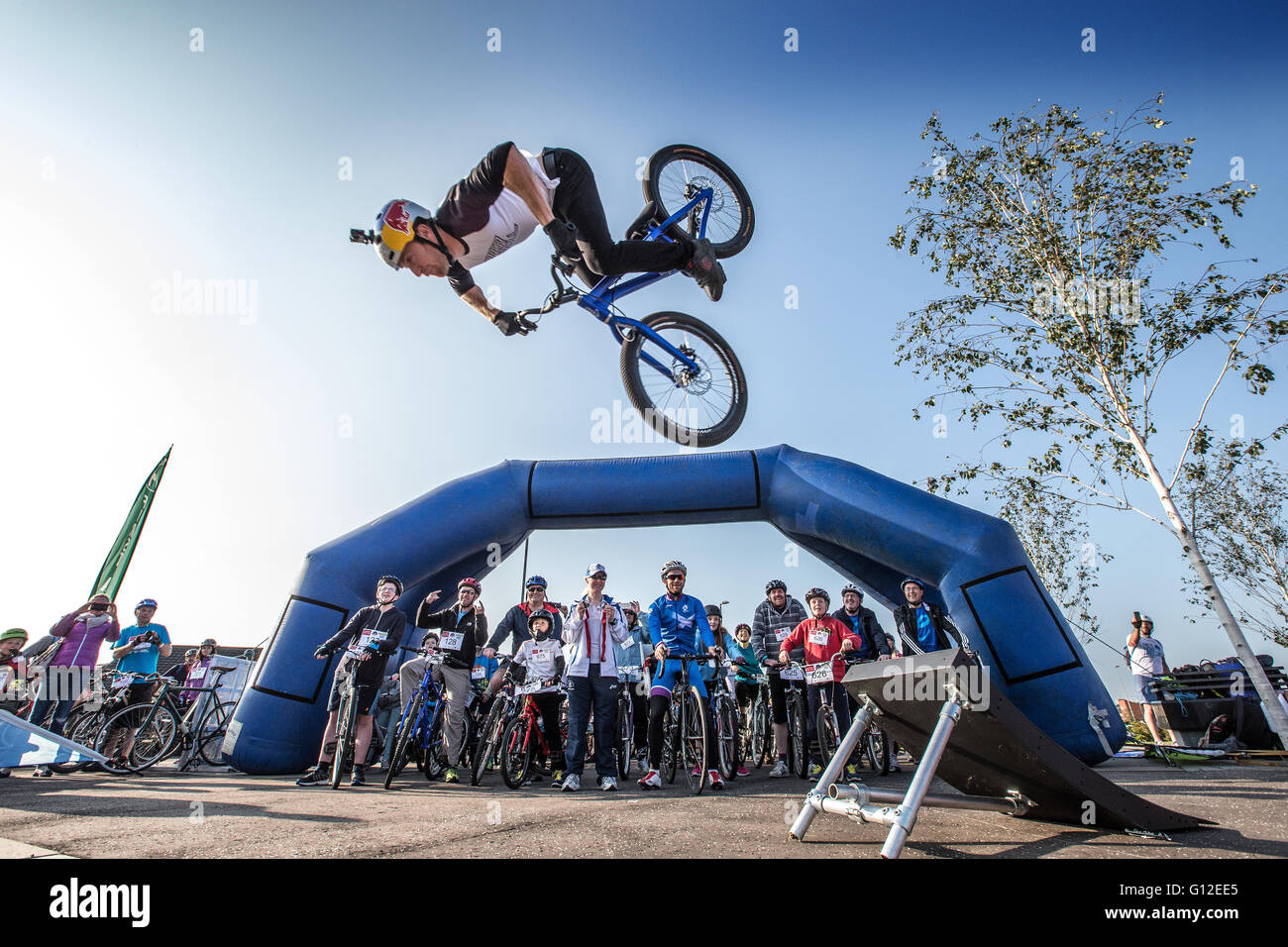 Danny MacAskill performing stunts on BMX Stock Photo