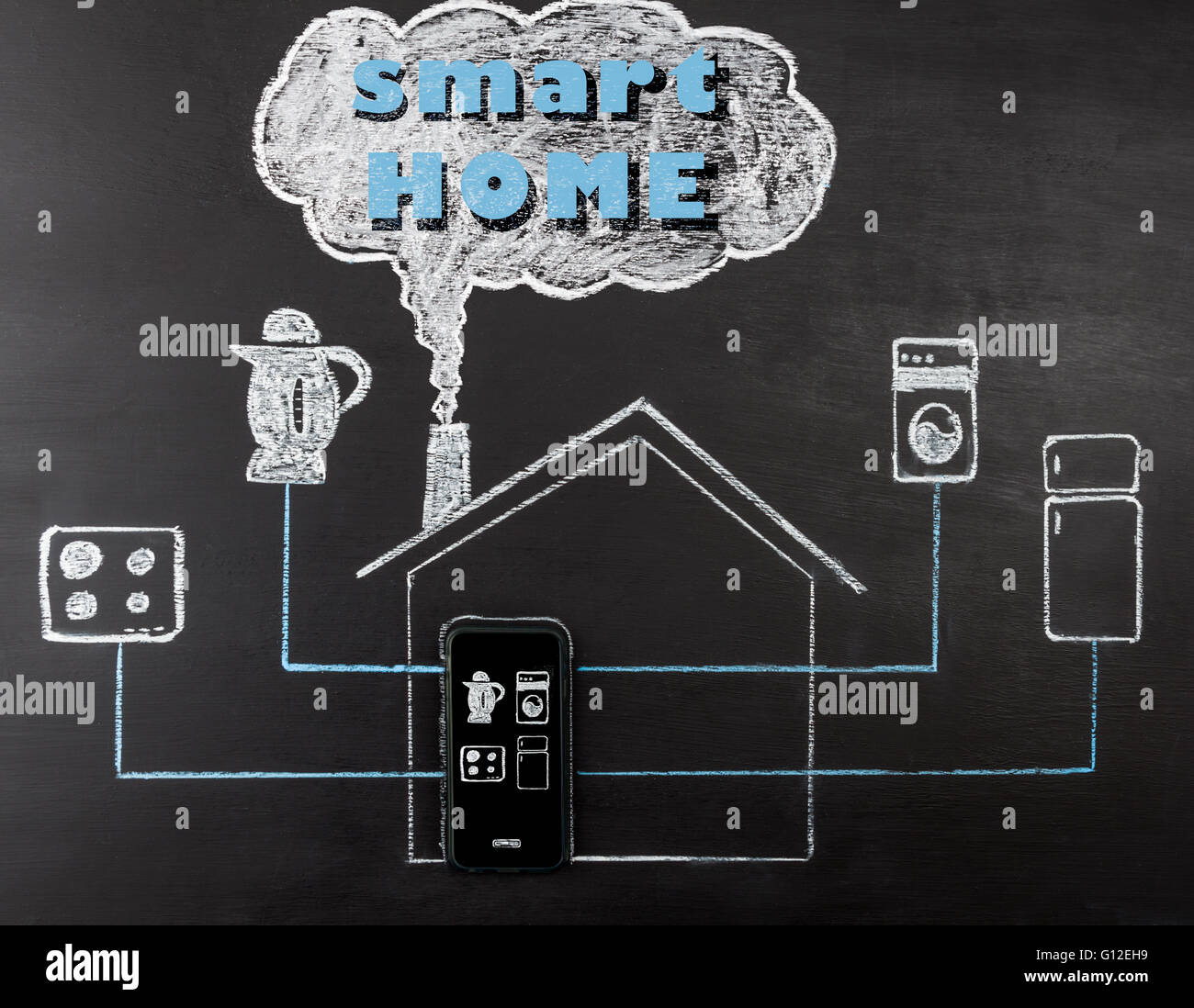 Smart house concept hand drawing on chalk board. Mobile phone controlling home appliances. Horizontal image with text. Stock Photo