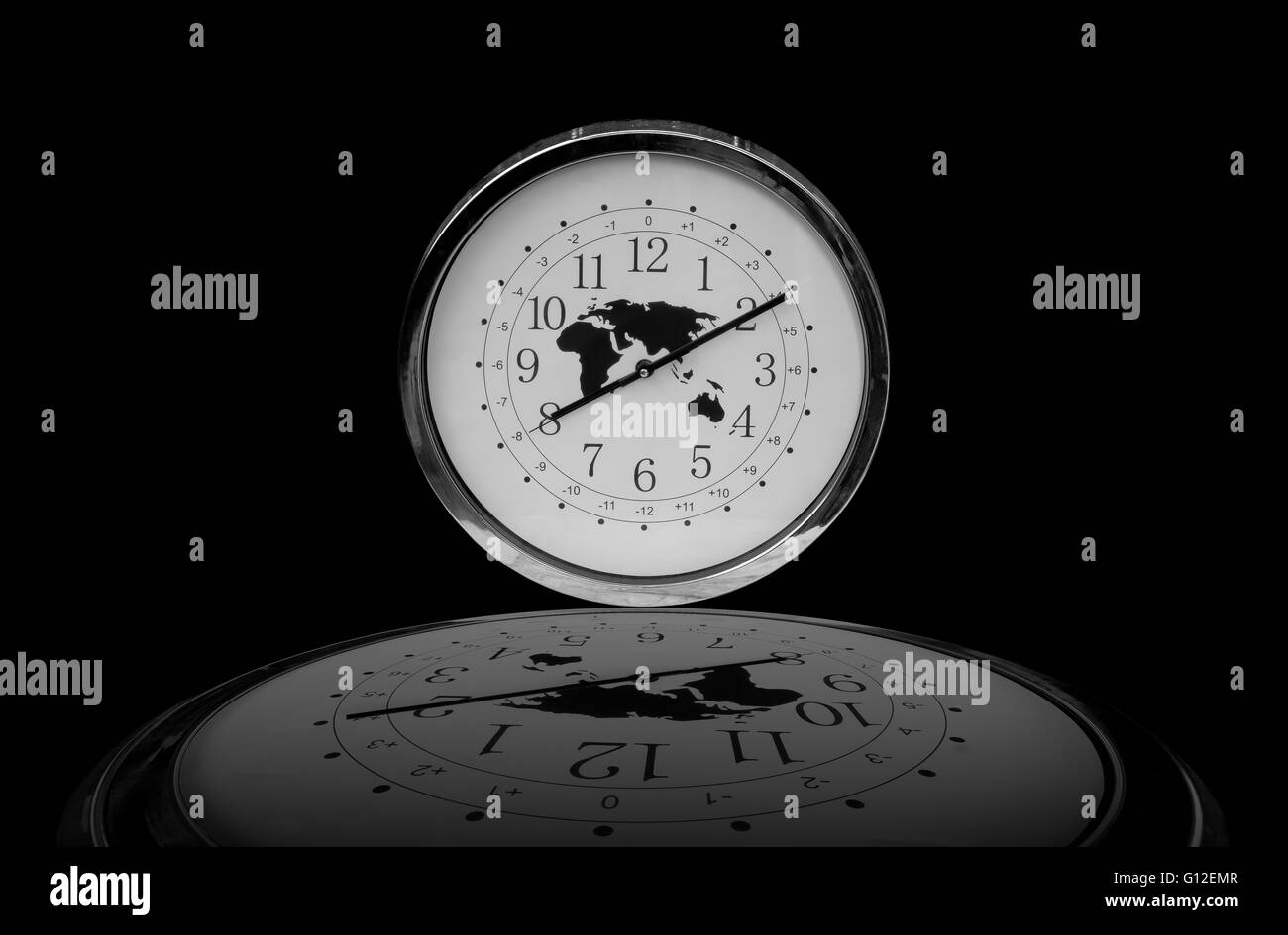 Clock on black background Stock Photo Alamy