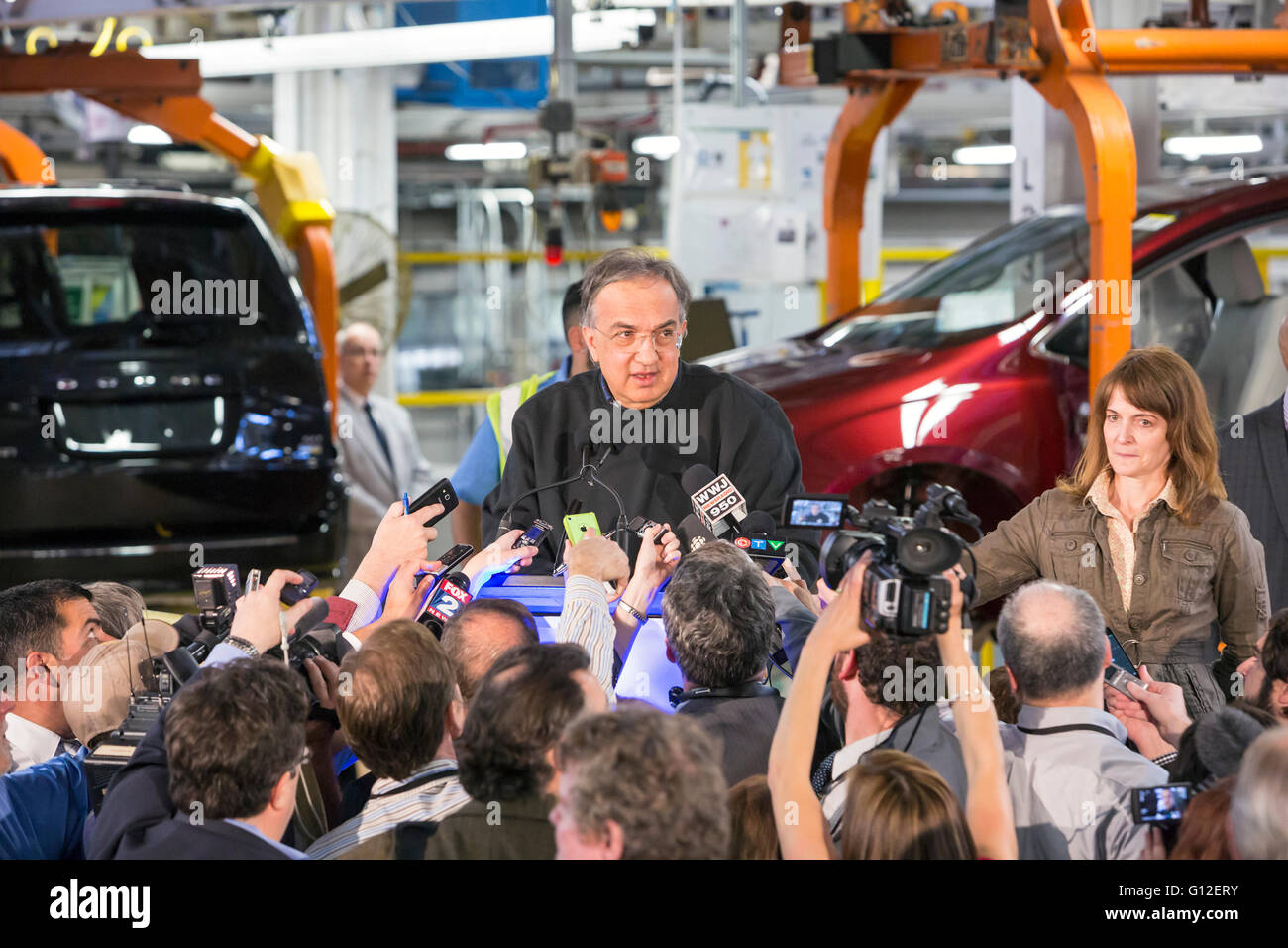 Windsor, Ontario Canada - Fiat Chrysler Automobiles CEO Sergio Marchionne talks with reporters at the Windsor Assembly Plant. Stock Photo