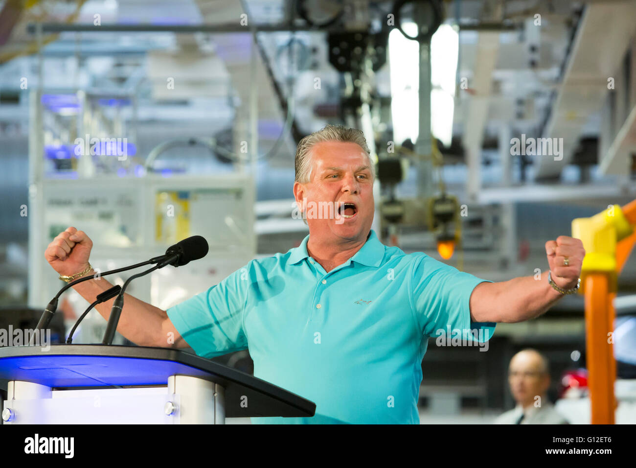 Windsor, Ontario Canada - Former Canadian Auto Workers President Ken Lewenza speaks at Fiat Chrysler Automobiles' Windsor Assemb Stock Photo