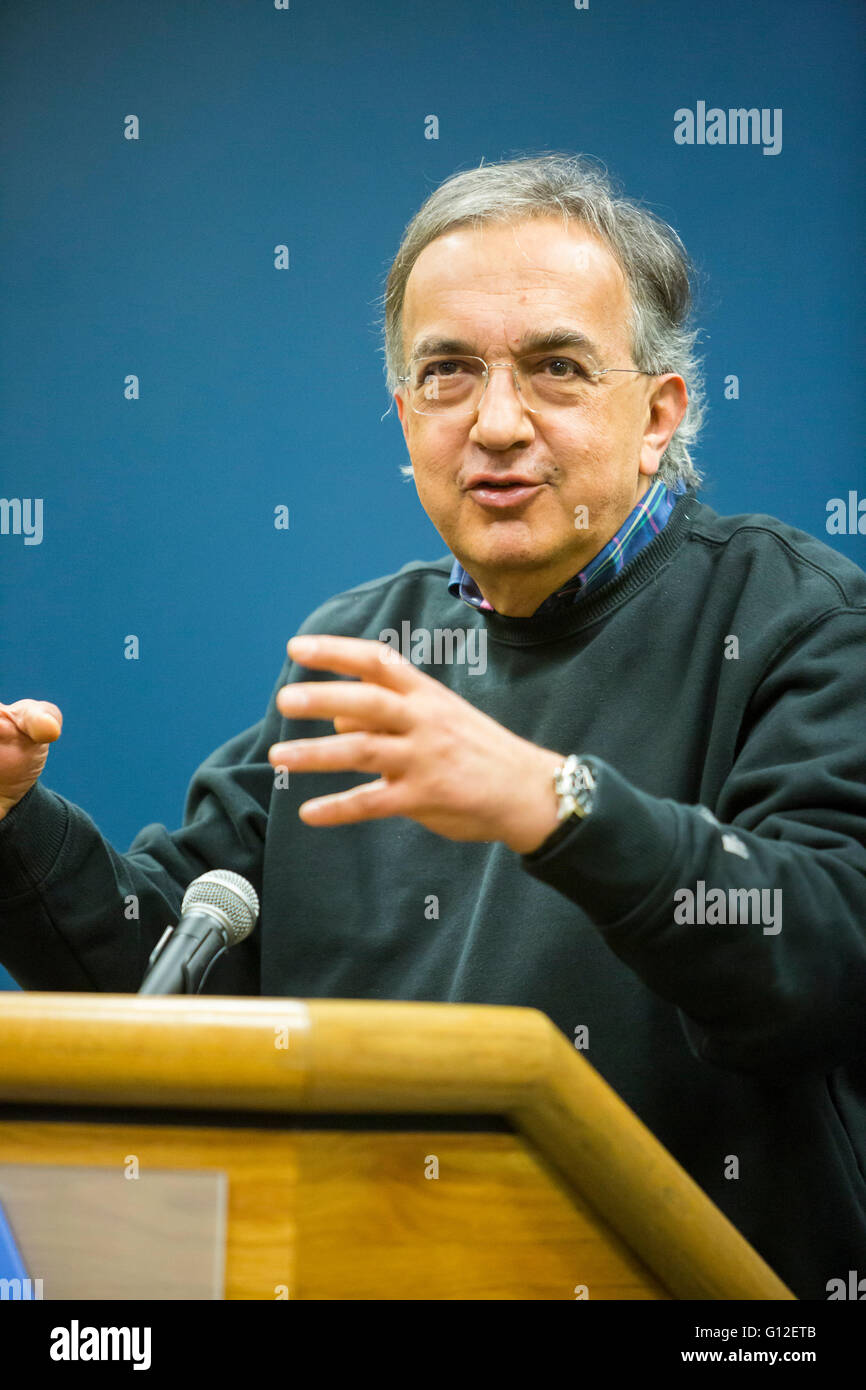 Windsor, Ontario Canada - Fiat Chrysler Automobiles CEO Sergio Marchionne answers reporters questions. Stock Photo