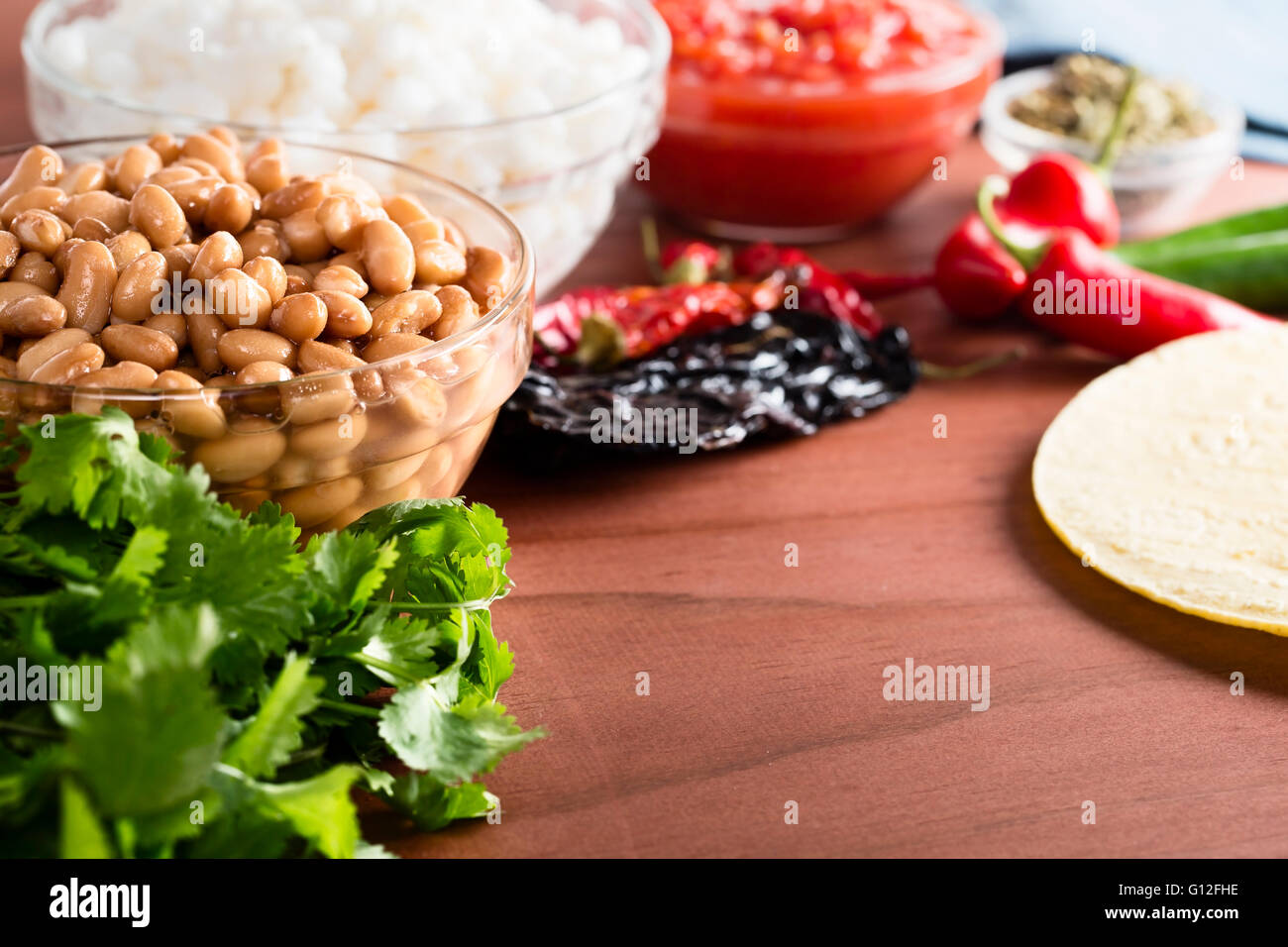 Pinto beans and other ingredients for Mexican cooking. Stock Photo