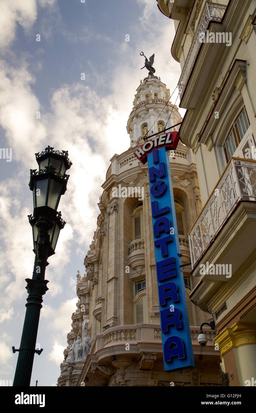 Hotel Inglaterra sign and part of its facade in Havana, Cuba Stock Photo