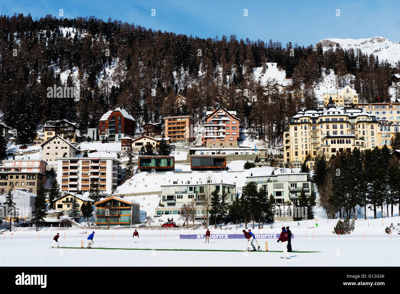 Europe, Switzerland, Graubunden, Engadine, St Moritz in winter, cricket
