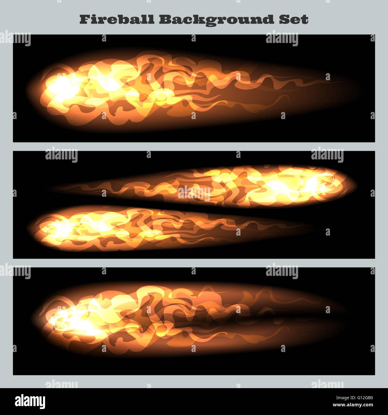 Set of fireballs or flying flame tips on black background. Stock Vector