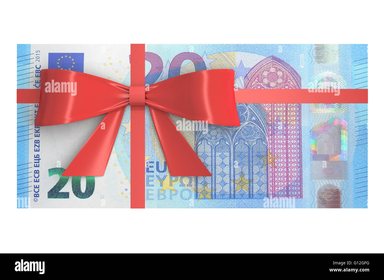 Wad of 20 Euro banknotes with red bow, gift concept. 3D rendering Stock Photo