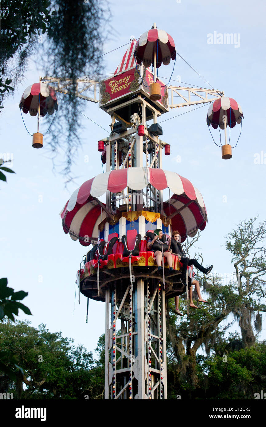 Amusement park ride in New Orleans' City Park on an early spring evening. Stock Photo