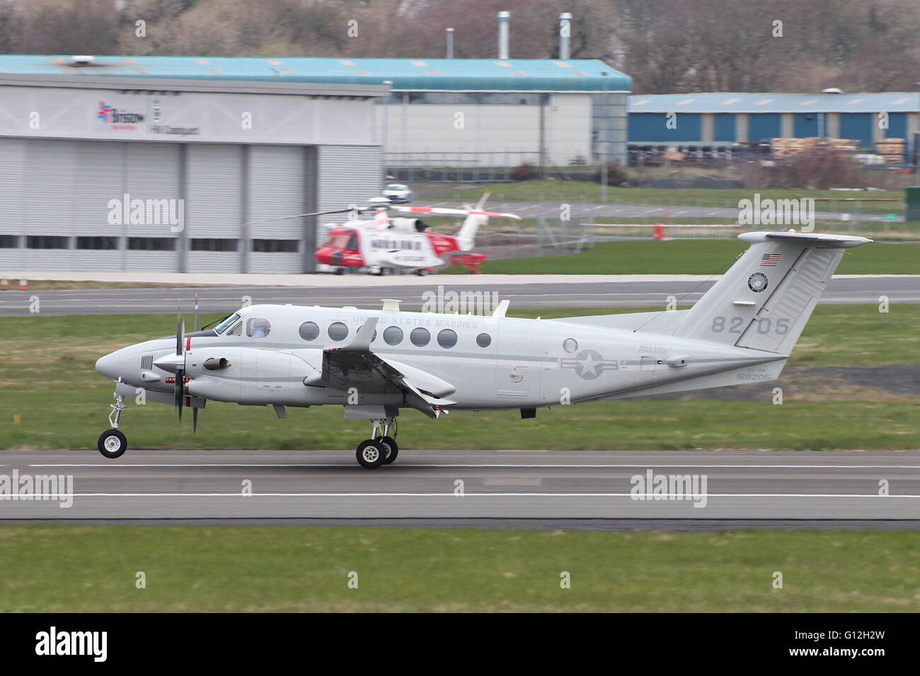 168205, a Beech UC-12W Huron of the 4th MAW, United States Marine Corps, lands at Prestwick International Airport Stock Photo