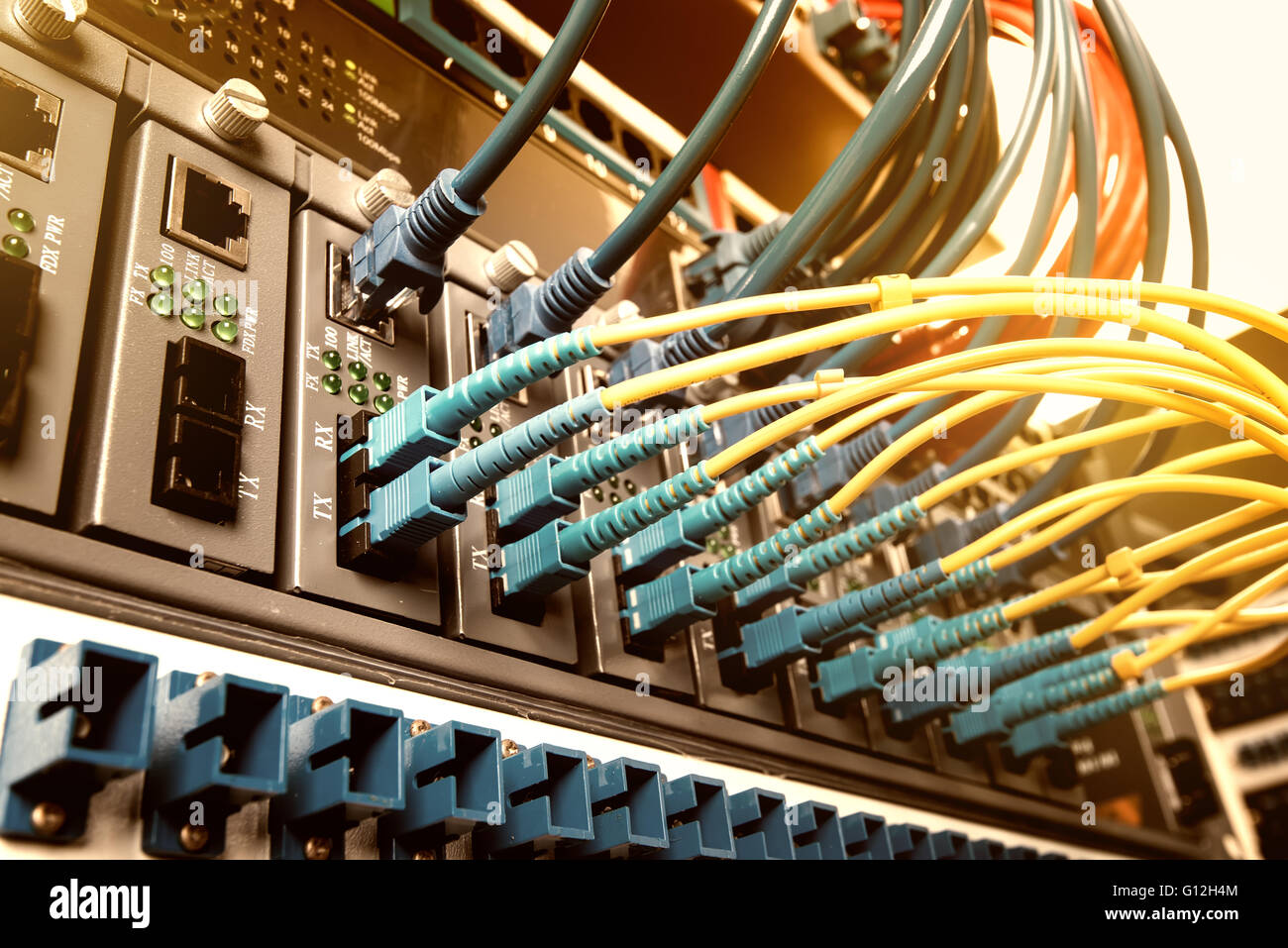 fiber optic servers and hardwares in an internet data center Stock Photo