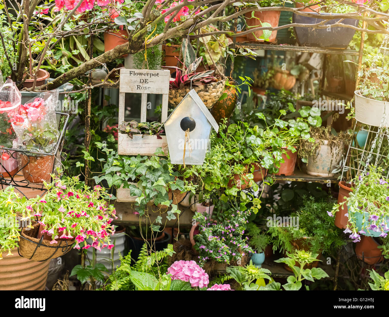 birdhouse nestles among spring flowers Stock Photo