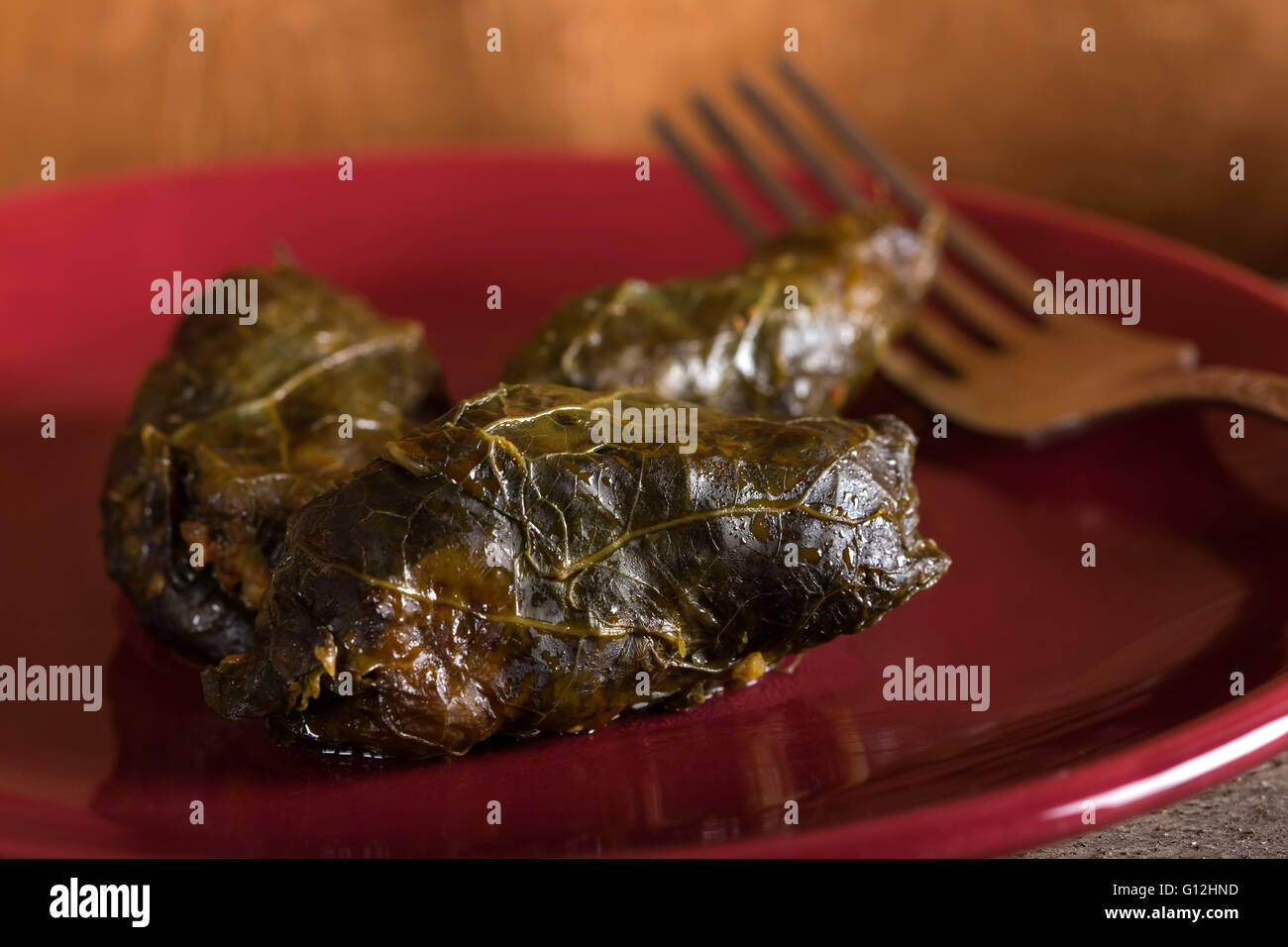 Stuffed cabbage rolls in grape leaves on a red plate with fork Stock Photo
