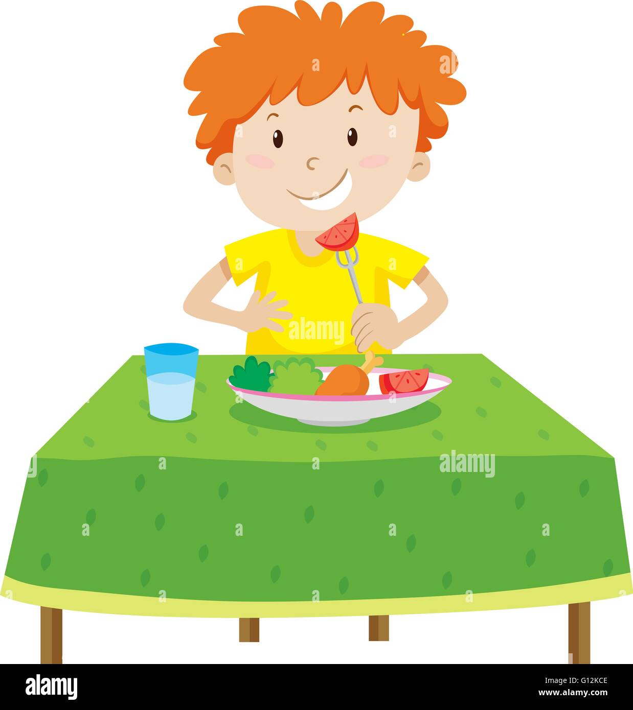 Little boy eating on the table illustration Stock Vector