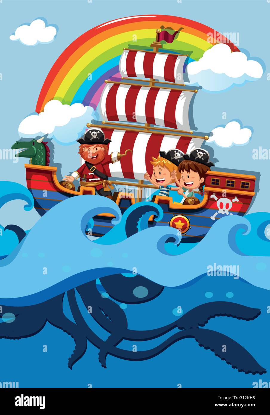 Children on boat with pirate illustration Stock Vector Image & Art - Alamy