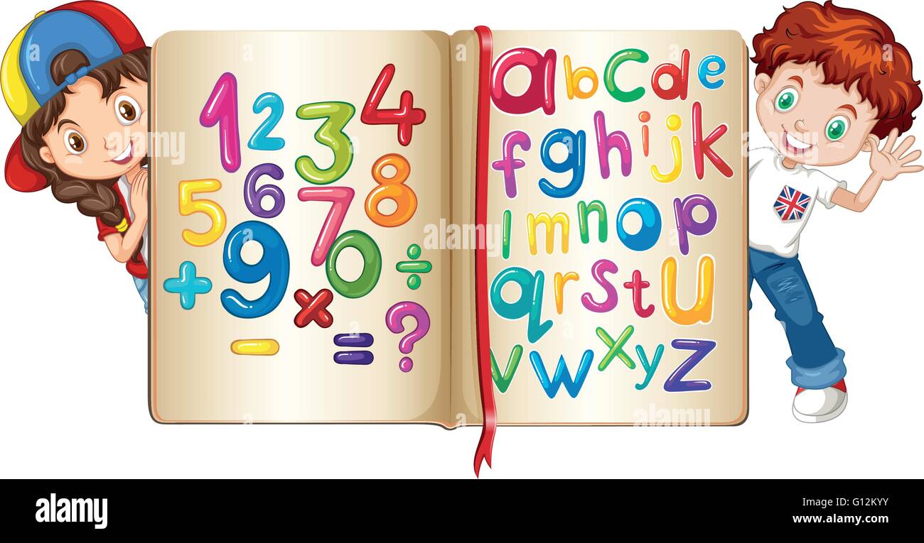 Children with book of numbers and alphabets illustration Stock Vector