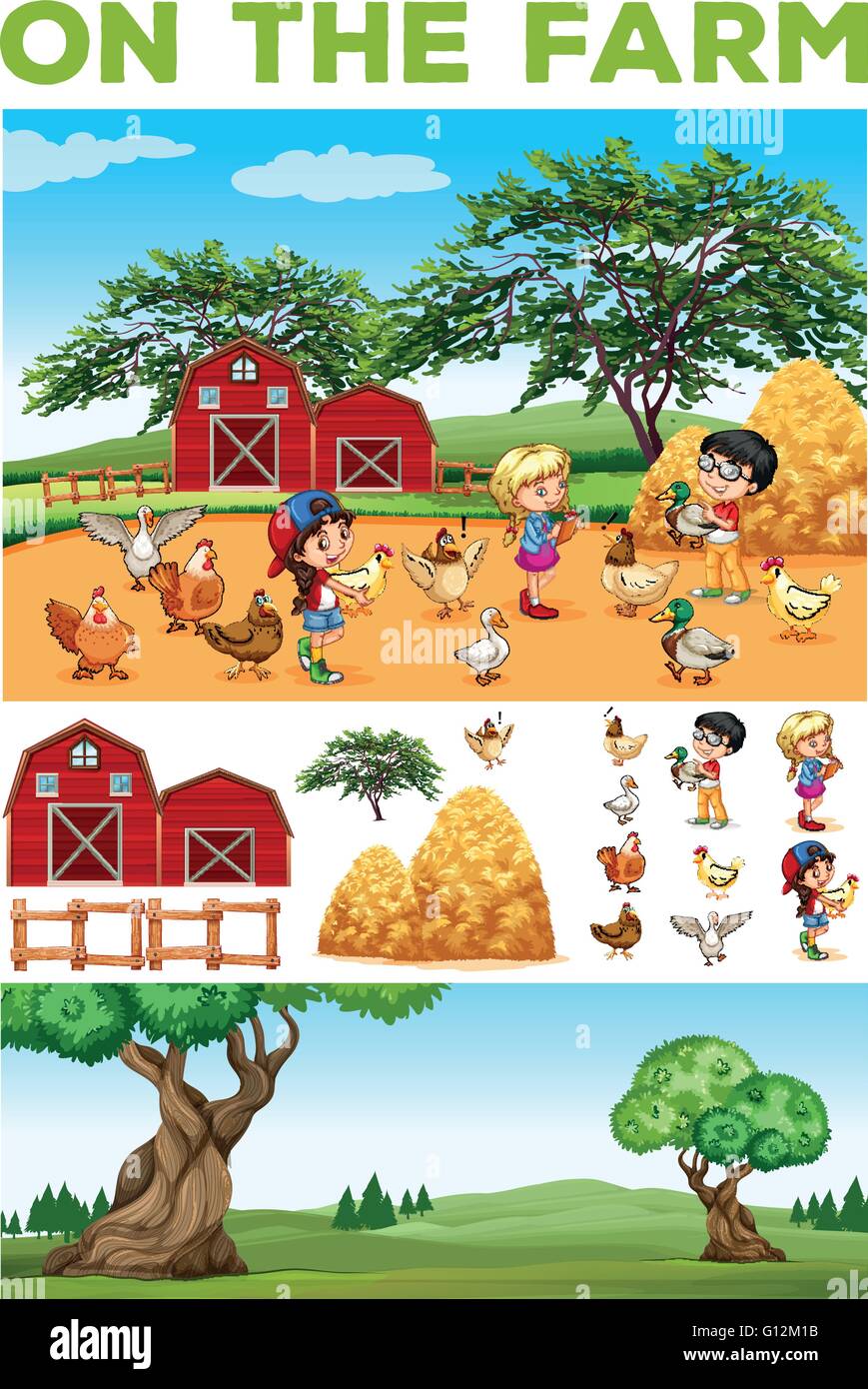 Children and animals on the farm illustration Stock Vector Image & Art ...