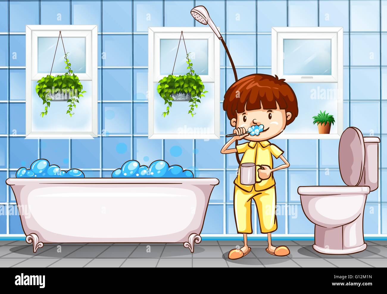 Boy brushing teeth in the bathroom illustration Stock Vector Image
