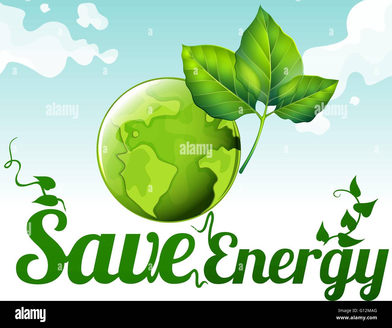 Save Energy With Earth And Green Leaves Illustration Stock Vector Image Art Alamy