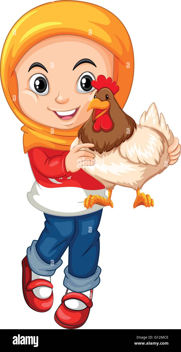 Muslim girl holding a chicken illustration Stock Vector