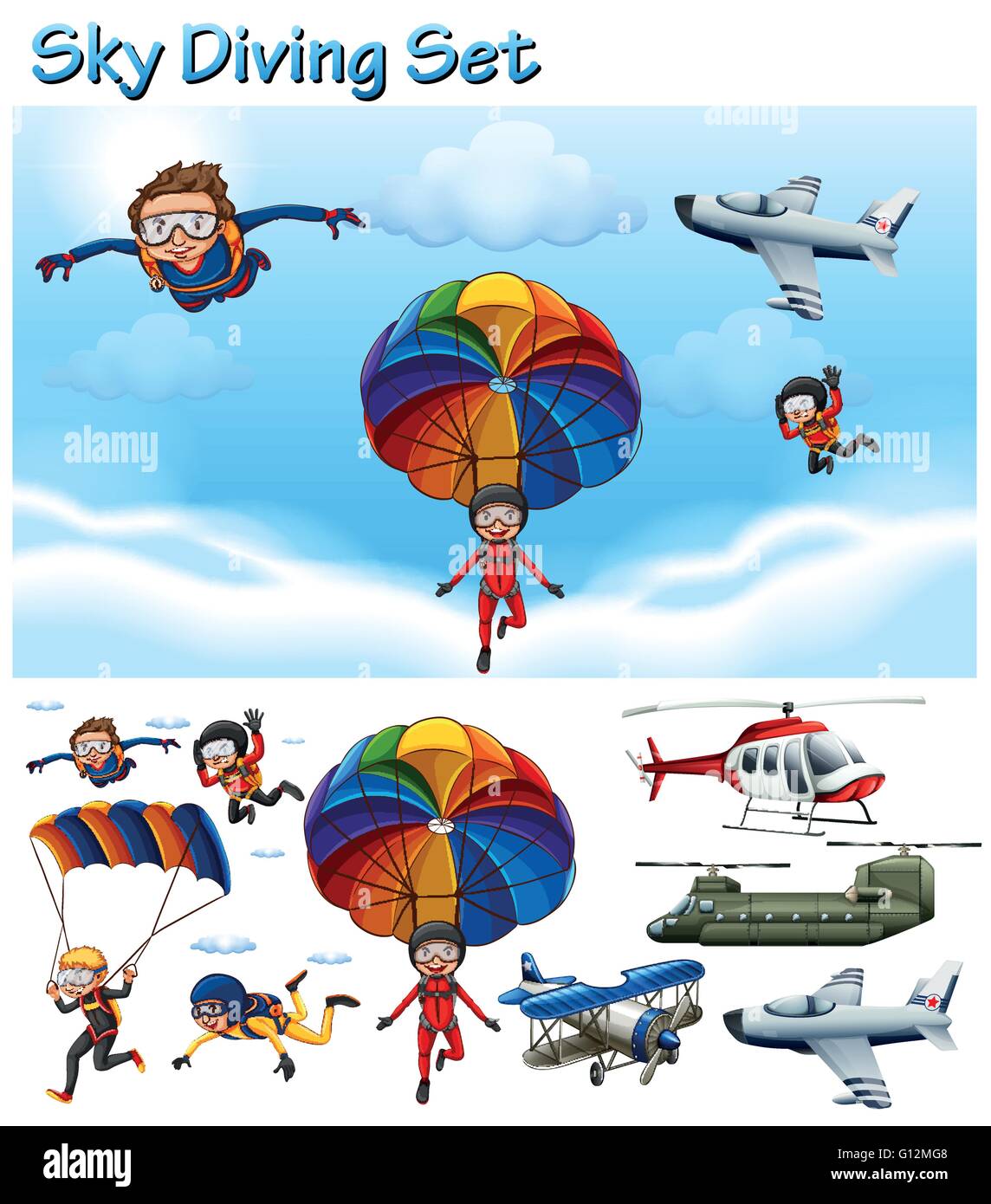 Sky diving set with people and equipment illustration Stock Vector