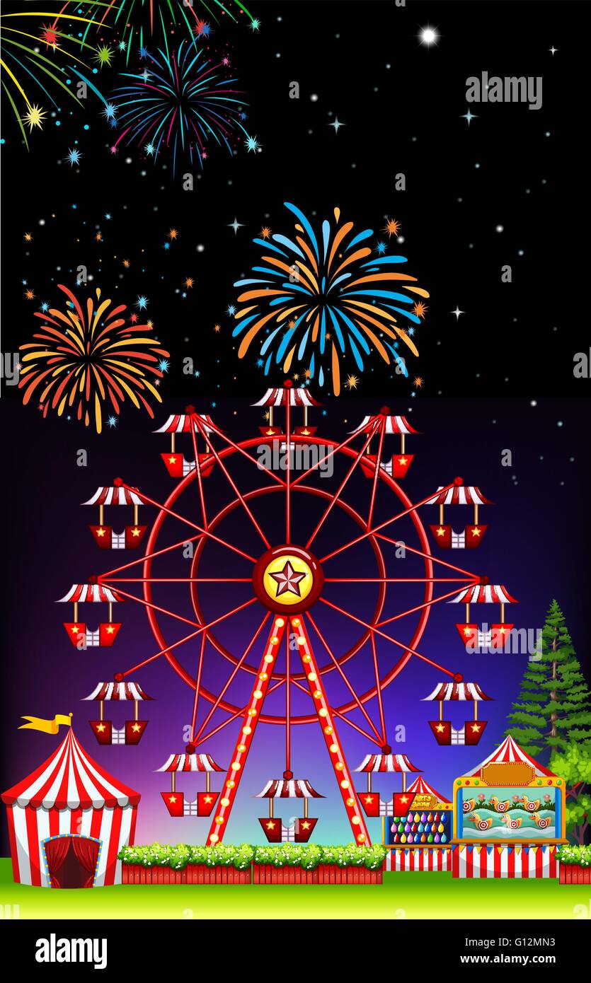 Theme park at night with firework illustration Stock Vector Image & Art ...